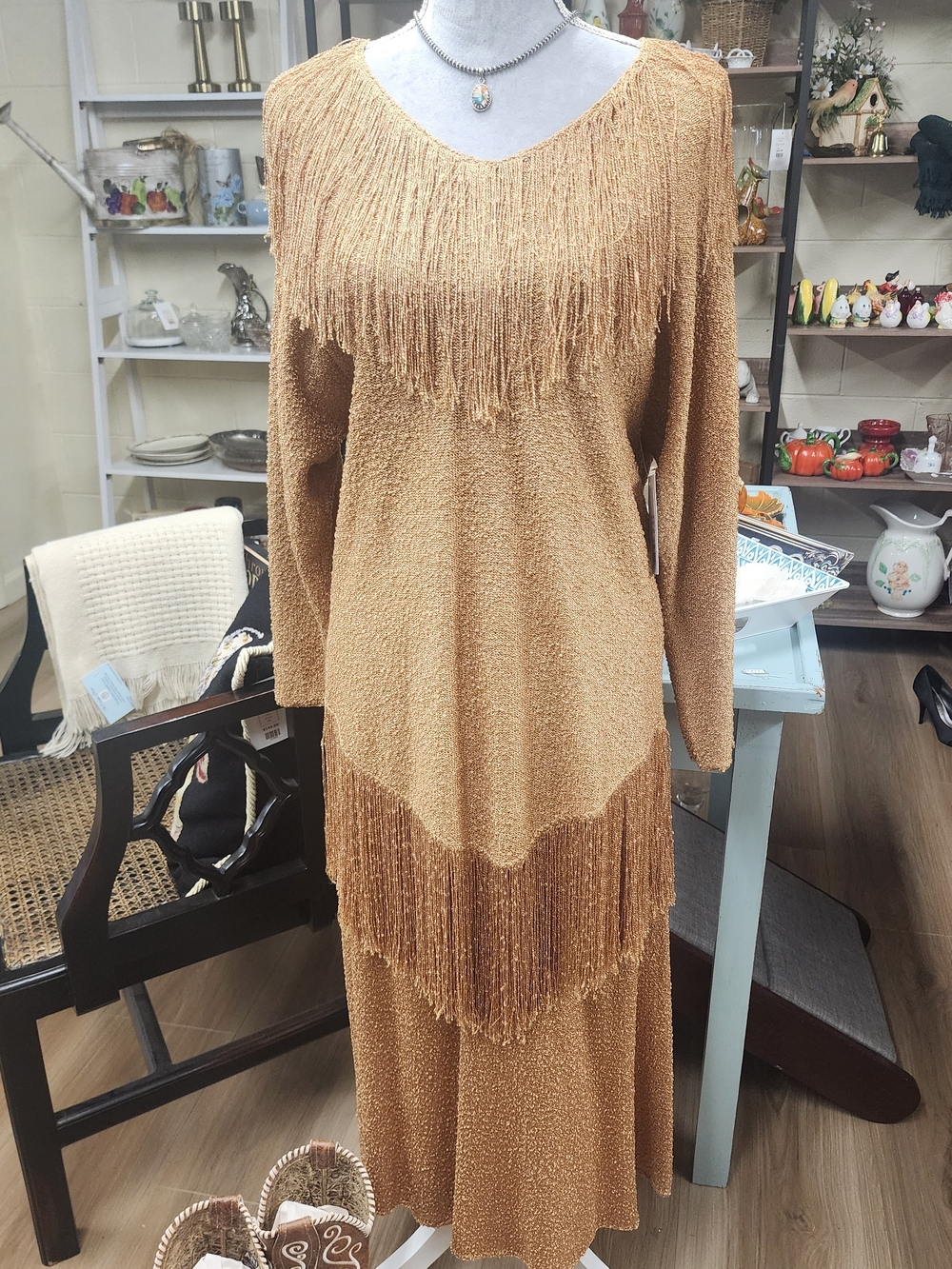 Fringed Camel Knit Sweater & Skirt